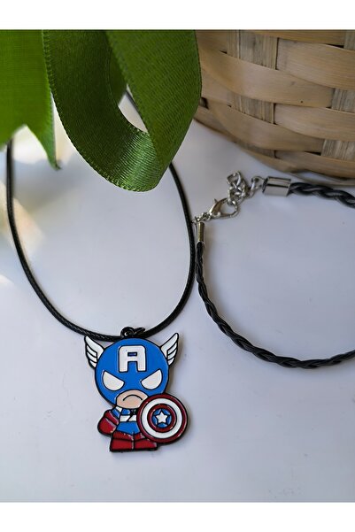Esey Dizayn Captan America Kolye ve Deri Bileklik  - İkili Set