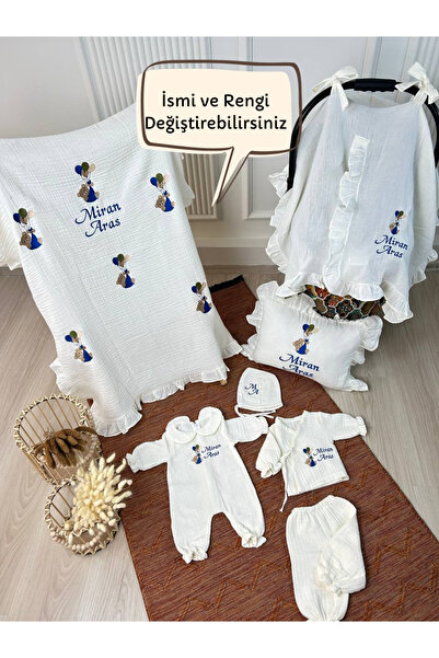 KARSU TASARIM İsmeli %100 Pamuk Müslin Hastane Çıkış Seti Ve Puset Örtüsü Nak...