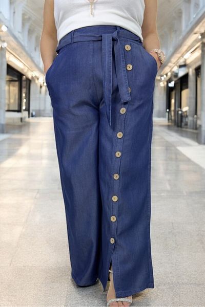 yagmurberen Elastic Waist Belted Tnsel Fabric Large Size Pants