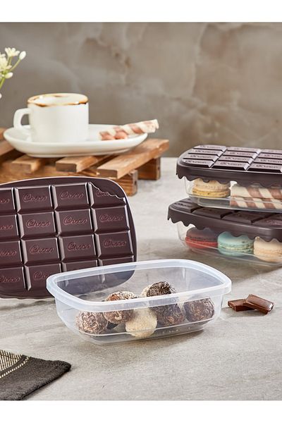 Mapple Home 3-Piece Chocolate Patterned Storage Container with Lid Pastry Cookie Chocolate Food Storage Container 500 ml