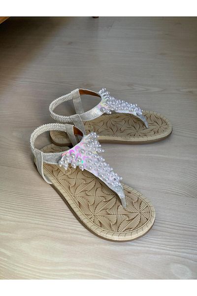 GÜLERSHOES Eva Flip Flop Shiny Beaded Silver Women's Sandals