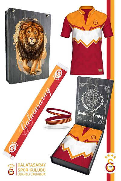 Galatasaray Γνήσιο μπλουζάκι με γιακά πόλο με άδεια χρήσης + βραχιόλι + σετ μαντήλι με ξύλινο κουτί