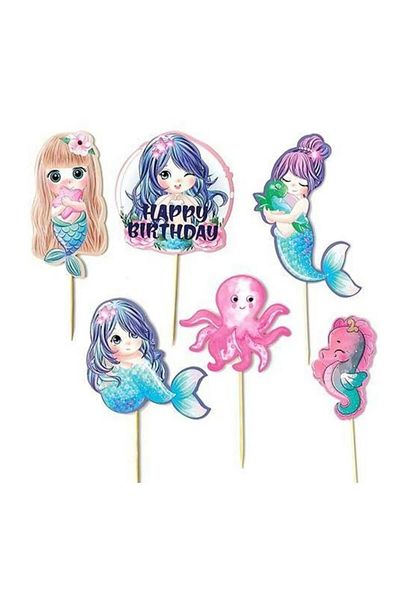 parti sürprizi Mermaid Happy Birthday 6 Pcs Toothpicks