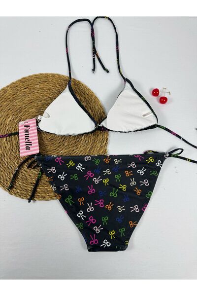 FUNELLA Black Color Bow Pattern Halter Neck Stylish Triangle Bikini Set