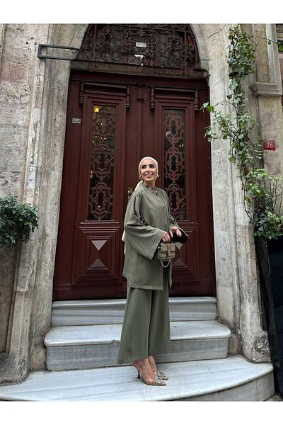 FMN Collection Plug Detail Long Kimono, Blouse and High Waist Pantalon Set