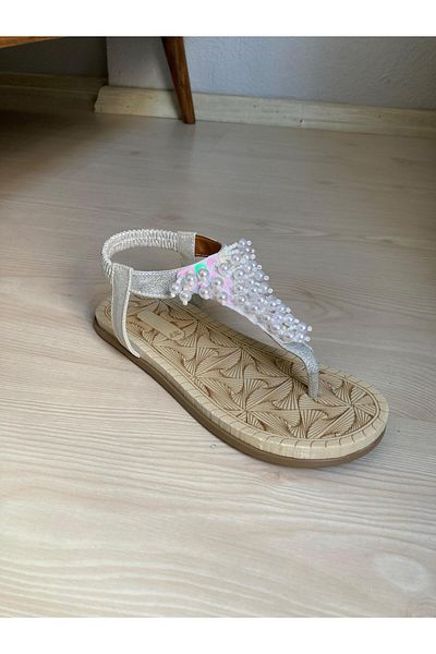 GÜLERSHOES Eva Flip Flop Shiny Beaded Silver Women's Sandals