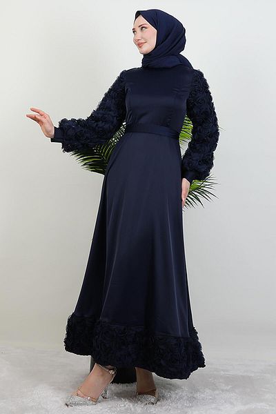 GİYZAMİLA Βραδινό φόρεμα Navy Blue Satin με λεπτομέρεια τριαντάφυλλου