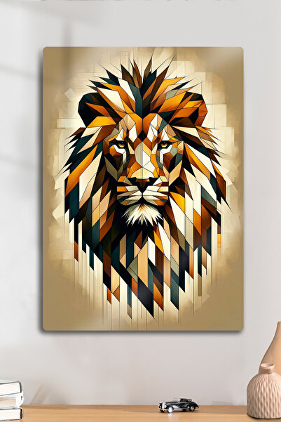 DekorHane Metal Baskı - Dekoratif Aslan Lion Sarı Kırmızı Tablo