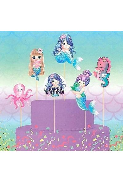 parti sürprizi Mermaid Happy Birthday 6 Pcs Toothpicks