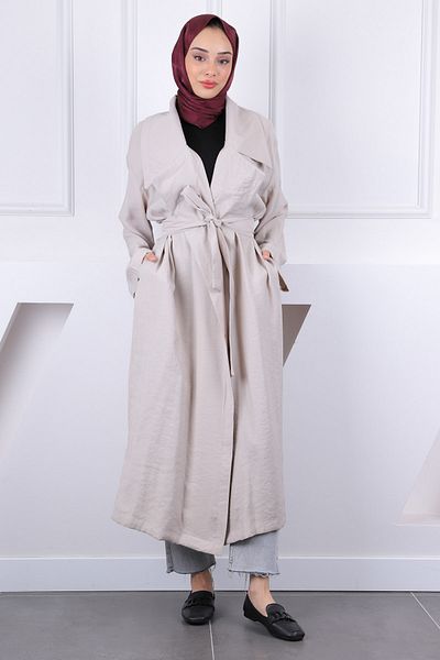 İmajButik Πέτρινη καμπαρντίνα με διπλό στήθος με ζώνη μέσης