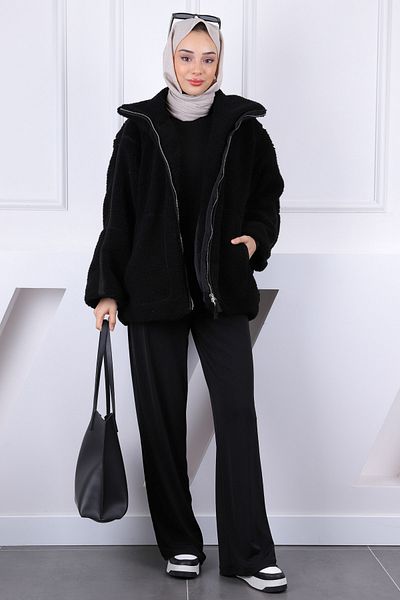 İmajButik Μαύρο κοντό βελούδινο παλτό