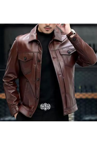 NYC GİYİM TEKSTİL Seasonal Jacket - Sport - Genuine Leather Button Shirt Collar and Stitching Detail