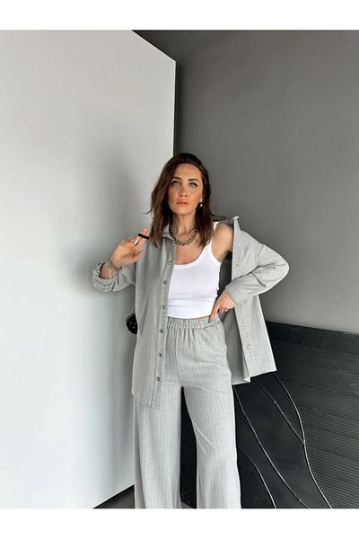 QİMYA BUTİK Qimene Women's Oversize Striped Shirt and Trousers with Snap Detail Bottom-Top Two Piece Set