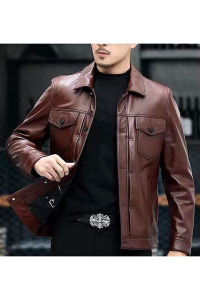 NYC GİYİM TEKSTİL Seasonal Jacket - Sport - Genuine Leather Button Shirt Collar and Stitching Detail