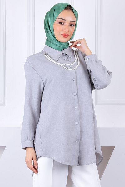 İmajButik Λινό πουκάμισο με γκρι μαργαριτάρι κολιέ