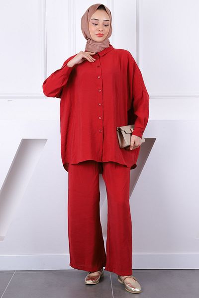 İmajButik Claret Red Loose Modal Σετ με Ρόμπα στην πλάτη