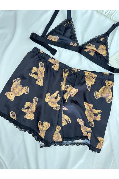 ROZENİN LINGERIE Set de pijamale cu pantaloni scurți din satin cu model ursuleț negru