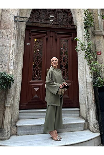 FMN Moda Sleeves Ribbon Bow Detail Design Jacket Blouse Trousers Brand Equivalent Three-Piece Islamic Casual Stylish Suit