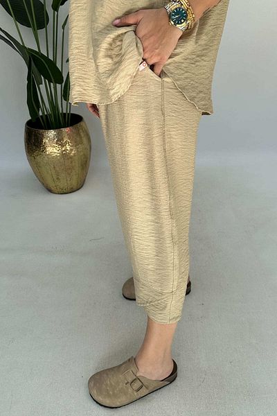 GÖKSEL Stone Color Pocket Linen Large Size Pants