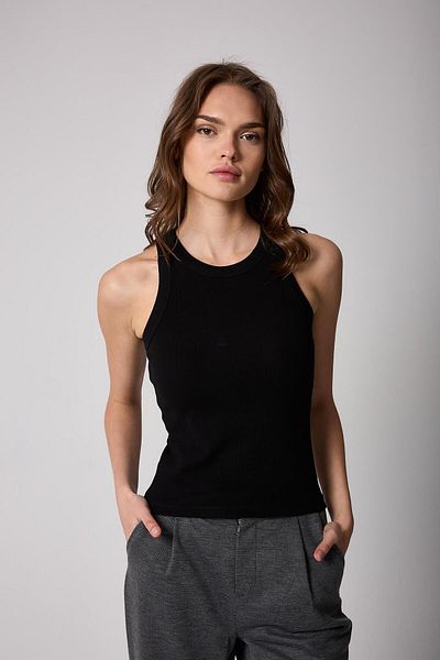 AMİDA Black Halter Neck Ribbed Look Women's Tank Top - 2502