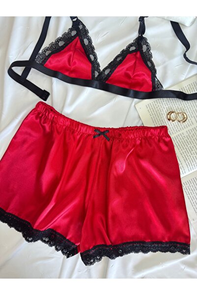 ROZENİN LINGERIE Red Black Lace Detailed Satin Bralet Shorts Pajama Set
