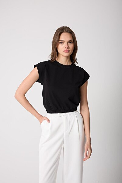 AMİDA Tricou de damă cu talie elastică cu mâneci duble cu decolteu negru Basic - 2501