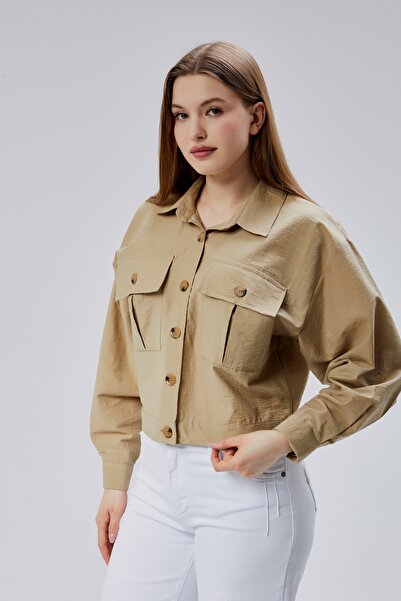 Wissi Life Kadın camel cift cep crop gömlek