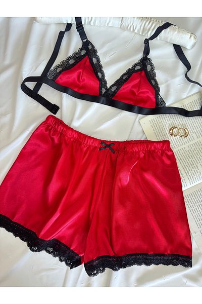 ROZENİN LINGERIE Red Black Lace Detailed Satin Bralet Shorts Pajama Set