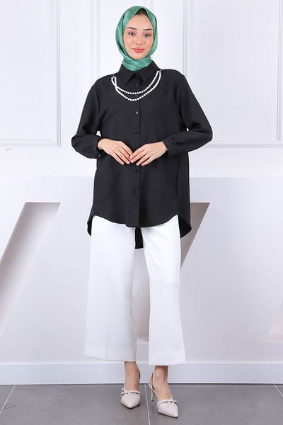İmajButik Λινό πουκάμισο με μαύρο μαργαριτάρι κολιέ