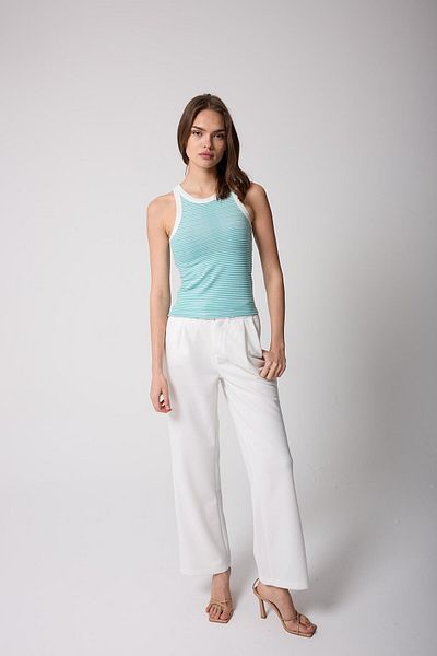AMİDA Green and White Striped Halter Neck Ribbed Look Women's Athlete - 2502