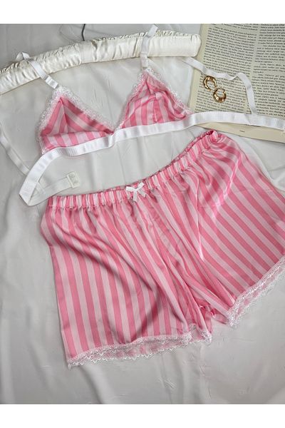ROZENİN LINGERIE Pink Striped Satin Bralet Shorts Pajama Set