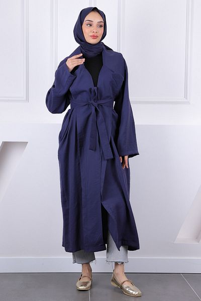 İmajButik Μπλε ναυτικό διπλό γιακά με ζώνη Modal Trench Coat