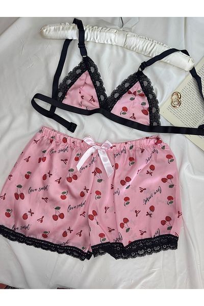 ROZENİN LINGERIE Cherry Patterned Pink Satin Bralet Shorts Pajama Set
