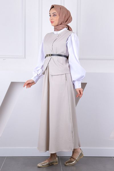 İmajButik Μπεζ Ζώνη Γιλέκο Φούστα Κοστούμι