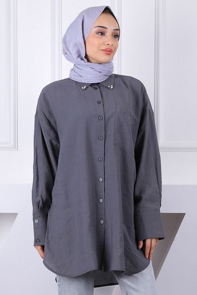 İmajButik Πουκάμισο Oversize με πέτρινο γιακά ανθρακί με τσέπες από σύρμα