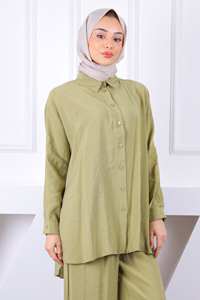 İmajButik Oil Green Loose Modal Suit with Robe on the Back