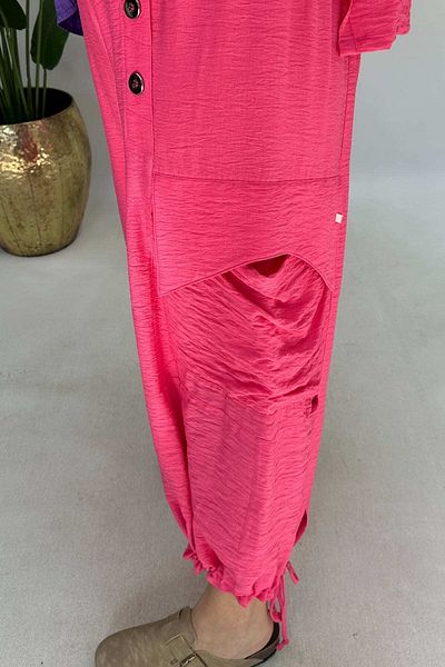 GÖKSEL Linen Fuchia Buttoned Large Size Pants