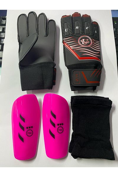 unes Red Goalkeeper Gloves and Shinpad Set