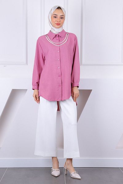 İmajButik Λινό πουκάμισο με κολιέ Dusty Rose Pearl