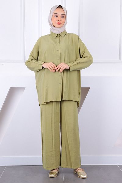 İmajButik Λαδί Πράσινο Casual Modal Σετ με Ρόμπα στην πλάτη