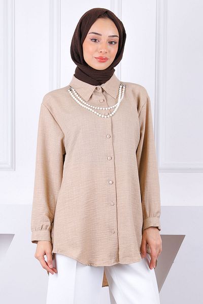 İmajButik Λινό πουκάμισο με κολιέ με μαργαριτάρι βιζόν