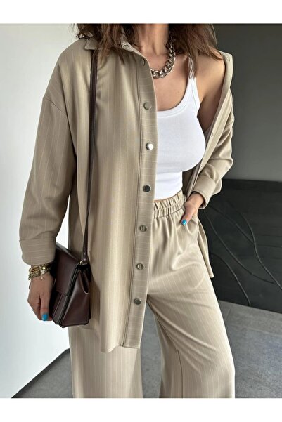 QİMYA BUTİK Qimene Women's Oversize Striped Shirt and Trousers with Snap Detail Bottom-Top Two Piece Set