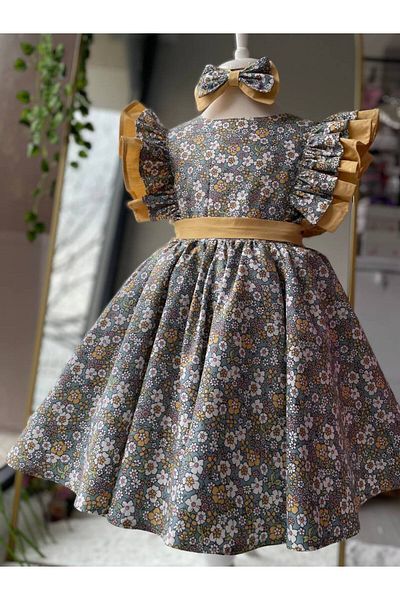 Sare Çocuk Giyim Yellow Floral Mixed Dress and 100% Cotton for Toca