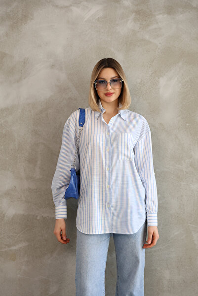 Butik Cămașă de damă oversize cu mânecă lungă, albastru deschis, bumbac, in