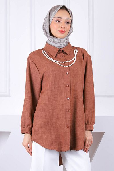 İmajButik Λινό πουκάμισο με κολιέ καφέ μαργαριτάρι
