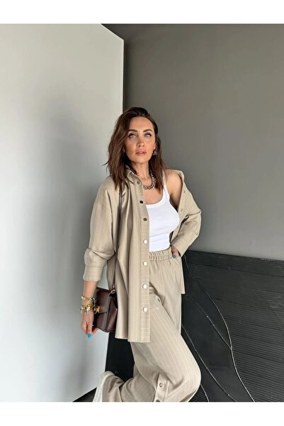 QİMYA BUTİK Qimene Women's Oversize Striped Shirt and Trousers with Snap Detail Bottom-Top Two Piece Set