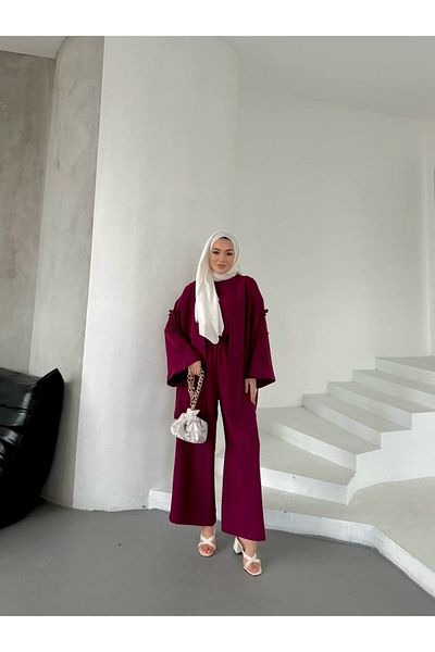 FMN Moda Sleeves Ribbon Bow Detail Design Jacket Blouse Trousers Brand Equivalent Three-Piece Islamic Casual Stylish Suit