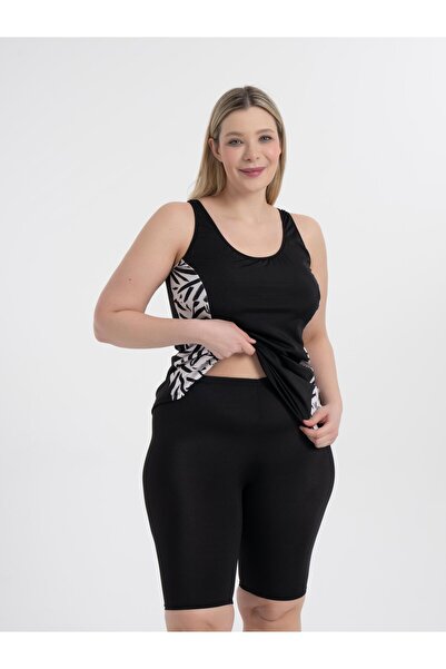 AQUAVİVA Aquaviva Women's Black and White Pattern Plus Size Tankini with Shorts
