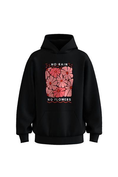 rathorion 3 Thread No Rain No Flowers Black Unisex Oversize Hoodie