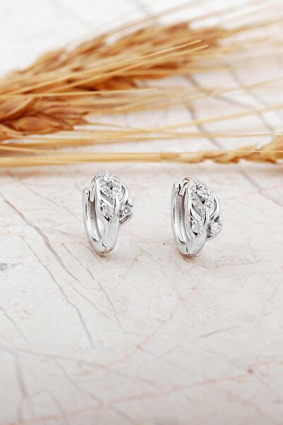 Sümer Telkari Taşlı Rodyumlu Yaprak Gümüş Mini Halka Küpe 7316